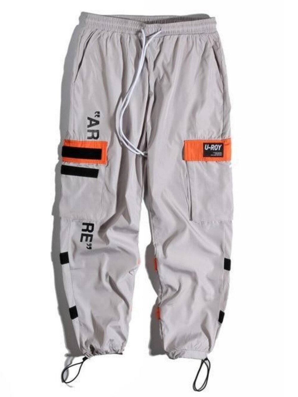 Grey orange cargo drawstring pants zipper pockets velcro xs Tenshi Streetwear